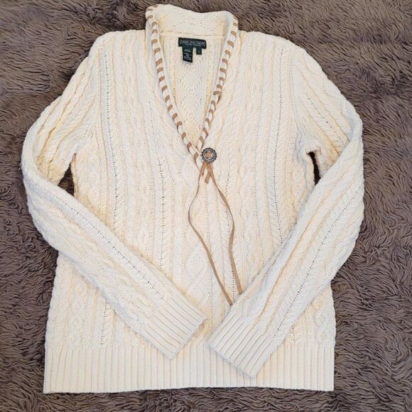 Ralph Lauren Size S Cream Cable Knit Sweater Equestrian Country Western Braided - Picture 1 of 6